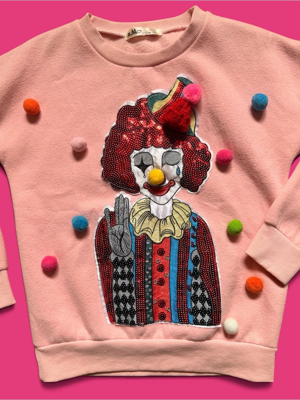 Sequin Clown Sweatshirt in Pink, with Pom Poms.